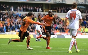 Images Dated 3rd October 2015: Wolverhampton Wanderers: Afobe and Le Fondre Celebrate Double Strike Against Huddersfield Town in
