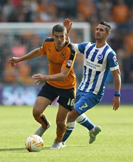 Sky Bet Championship - Wolves V Brighton And Hove Albion - Molineux Prints: Wolverhampton Wanderers Conor Coady Outmaneuvers Brighton's Biram Kayal in Sky Bet Championship Clash at Molineux