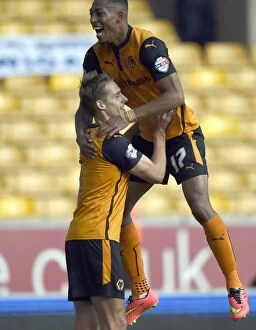 Sky Bet Championship - Wolves v Wigan Athletic - Molineux Collection: Wolverhampton Wanderers: Dave Edwards and Rajiv van La Parra Celebrate First Goal Against Wigan