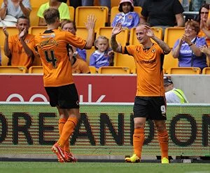 Friendly : Wolves v Real Betis - Molineaux : 27-07-2013 Collection: Wolverhampton Wanderers: Griffiths and Edwards Celebrate Goal Against Real Betis (2013)