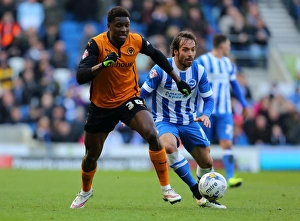 Sky Bet Championship - Brighton And Hove Albion V Wolves - AMEX Stadium Prints: Wolverhampton Wanderers vs Brighton & Hove Albion: Clash between Kortney Hause and Inigo Calderon